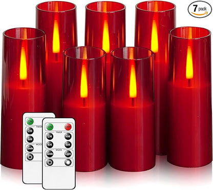 Flickering Flameless LED Candles 7Pcs, Realistic Dancing Flame with Remote & Timer, Acrylic Electric Pillar Candles for Festivals Decor (Red)
