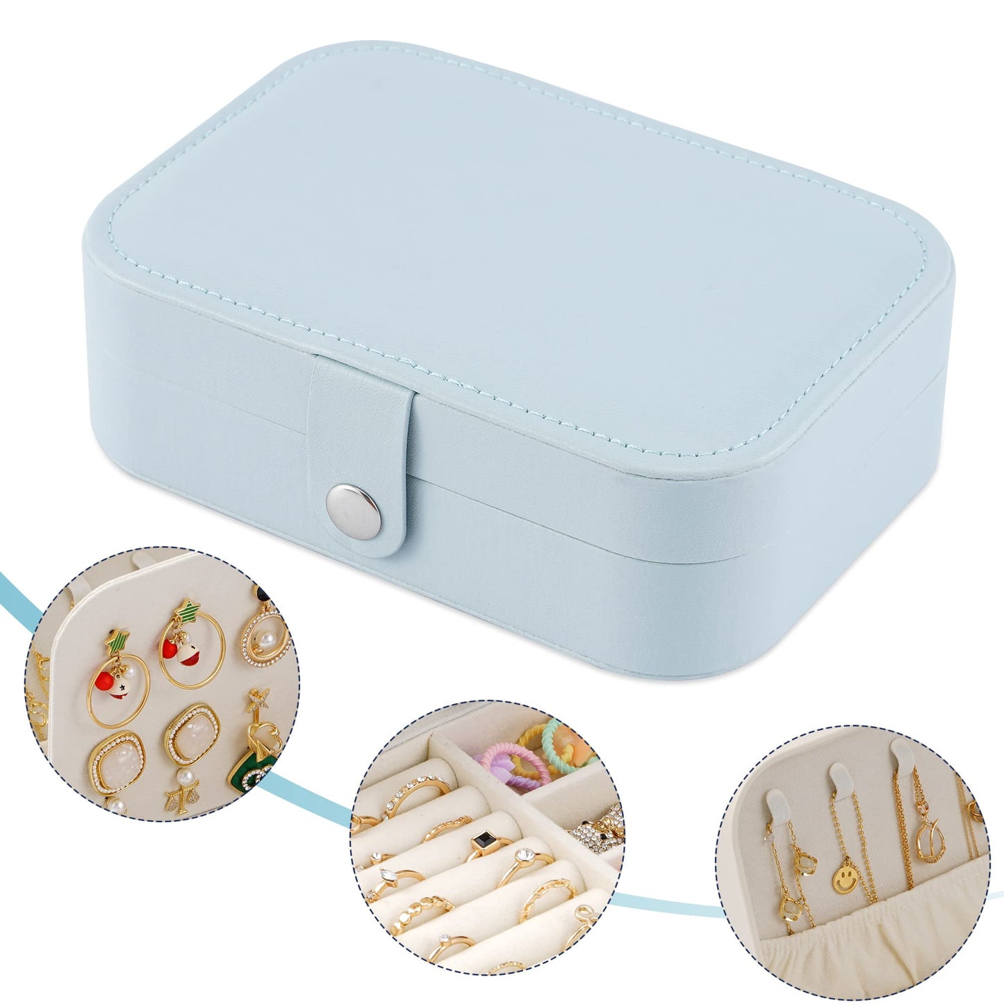 Neveika Travel Jewelry Box, PU Leather Small Jewelry Organizer for Women Girls, Double Layer Portable Mini Travel Case Display Storage Holder Boxes for Stud Earrings, Rings,Necklaces,Bracelets (blue)