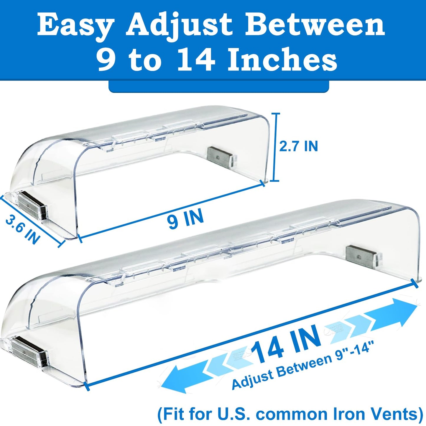 Binazon Heating & Air Vent Deflector for Vents, Sidewall, Ceiling, Floor Registers - Adjust Between 9"-14", Magnetic Vent Covers for Air Conditioning, Heat, AC, Floor, Under Furniture (2 Pack Clear)