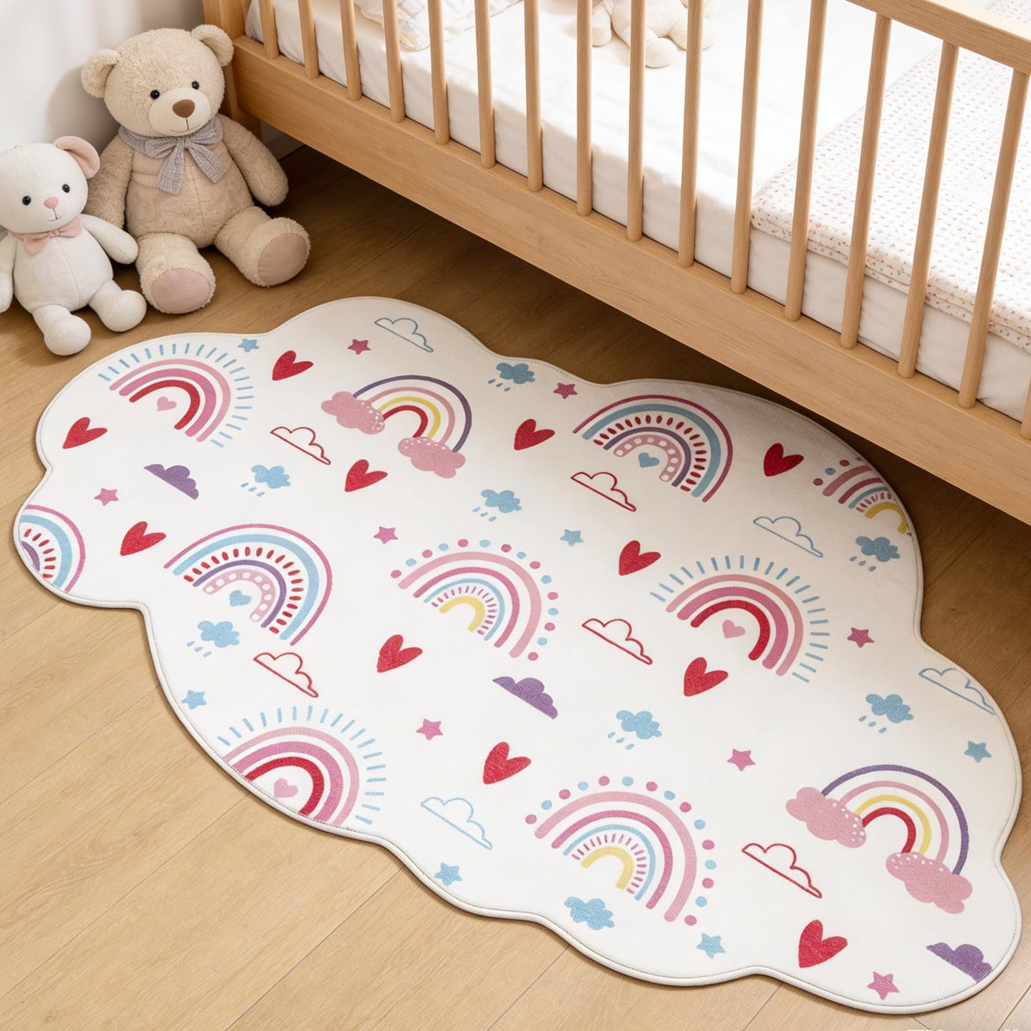 HiiARug Rainbow Small Rug for Kids Room, Pink White Fluffy Soft Decorative Floor Mat, Cloud Shape Washable Rugs for Girls Bedroom, Tent Castle,Bathroom,Nursery, Daycare (3'x5', Pink Rainbow)