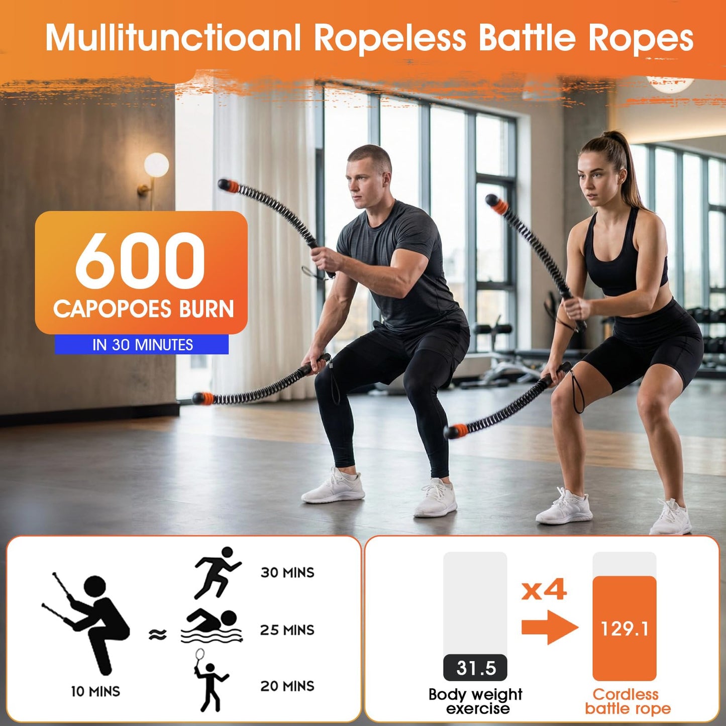 Ropeless Battle Ropes with 3 Adjustable Resistance Rings, Weighted Cordless Battle Rope for Home Gym, Portable Workout Equipment for HIIT, Cardio, Muscle Training & Fat Burning for Men Women (Black)