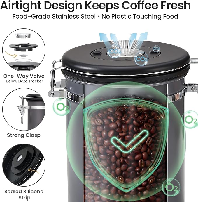 Veken Coffee Canister, Airtight Stainless Steel Kitchen Food Storage Container with Date Tracker and Scoop for Grounds Coffee, Beans, Tea, Flour, Cereal, Sugar, 22OZ, Gray