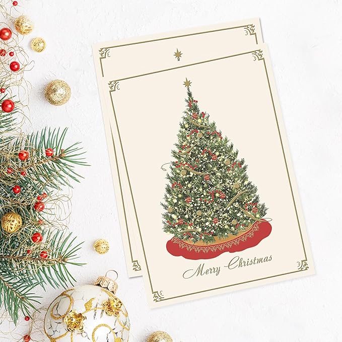 Masterpiece Elegant Tree Christmas Cards / 15 Boxed Winter Holiday Card Set With With Gold And Red Foil Accents And Gold Foil Lined Envelopes / 5 5/8" x 7 7/8" Folded Christmas Tree Greeting Cards