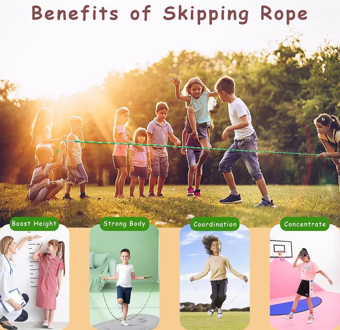 TYSISKNO Soft Beaded Jump Ropes for Kids Girls and Boy, Adjustable Skipping Rope, Tangle-Free Segmented Rope for Kid Exercise, Keeping Fit, Training - 9Ft (4 Pack - Pink/Blue/Green/Purple)