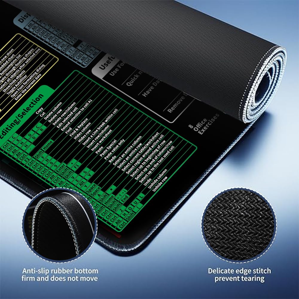 Excel Cheat Sheet Mouse Pad - 9 Major Excel Modules & 200+ Shortcuts (Excel/Word/PPT/Windows), 31.5"×11.8" XL, HD Print, Waterproof Anti - Slip Stitched Edge, 8 Office Exercises