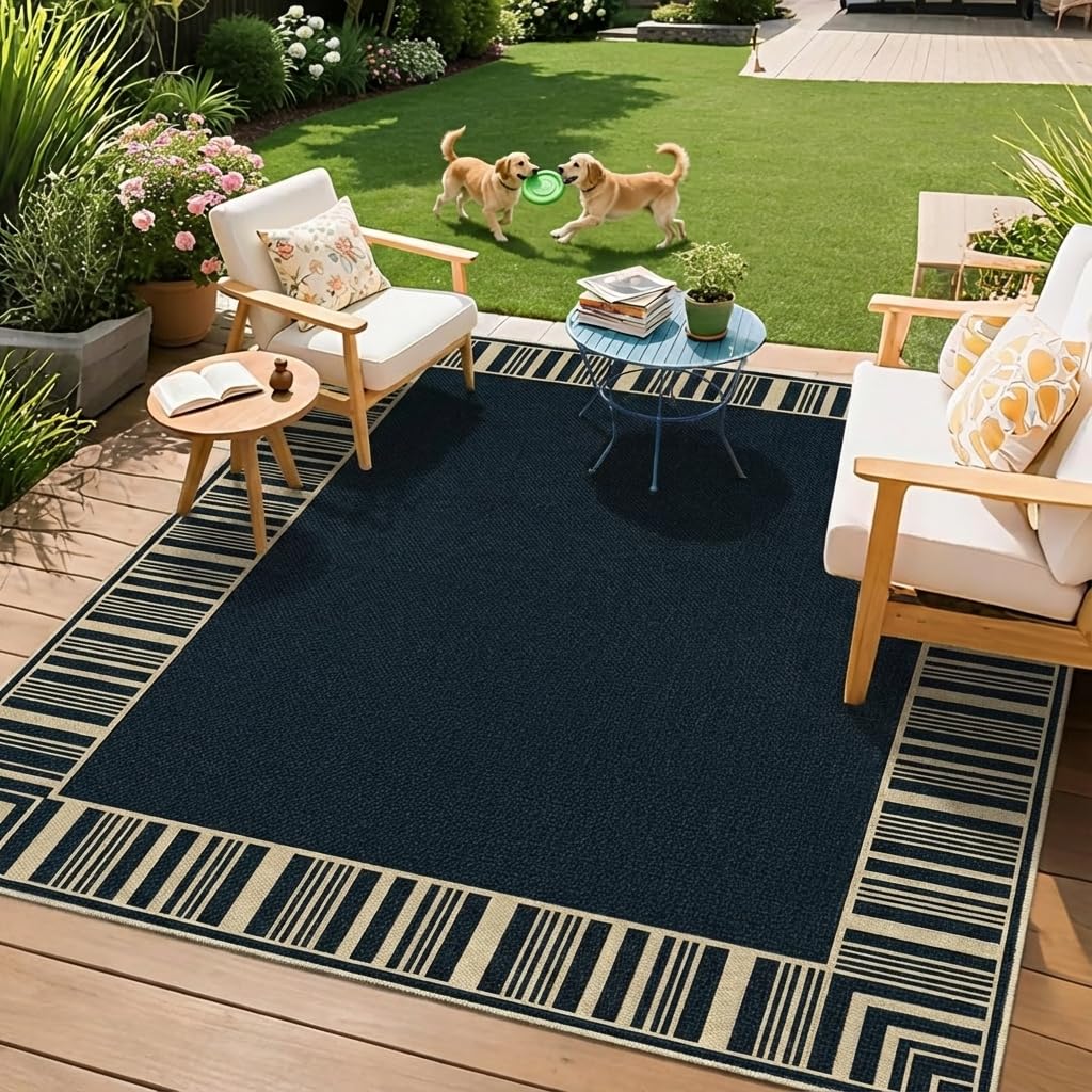 COZYLOOM 8x10 Easy Jute Outdoor Patio Rug Washable Living Room Rug with Rubber Backing, Stain Resistant Neutral Striped Border Rugs Non Shedding Foldable Mats for Bedroom, Dining Room, Backyard, Black