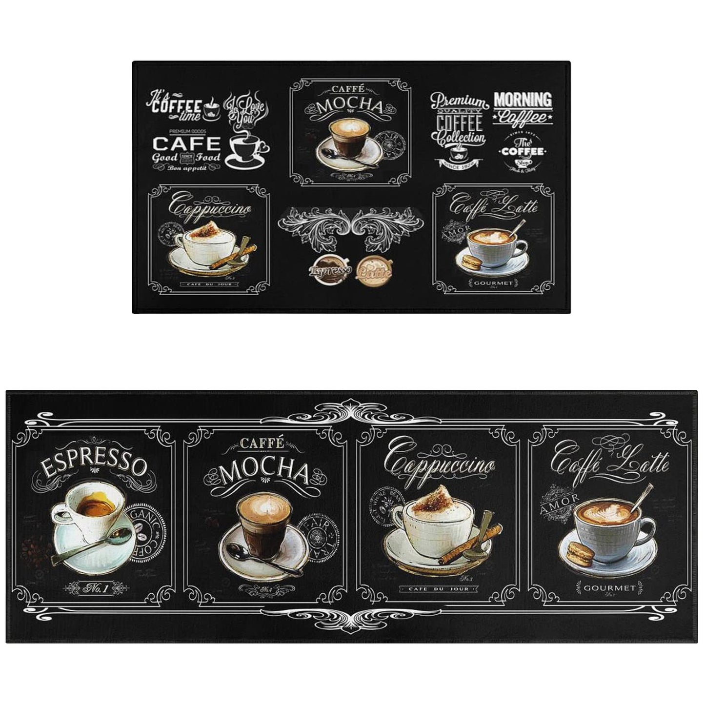 Faptoena Black Coffee Kitchen Rugs and Mats Set of 2 Coffee Cup Latte Mocha Art Decoration Non Slip Super Absorbent Kitchen Sink Mats Waterproof and Washable Runner Rugs for Laundry Room
