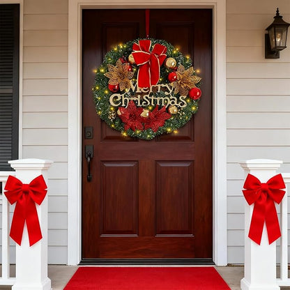 FR Artificial Pre-Lit Fir Christmas Wreath Holiday Accent Decoration, Wintry Pine, Decorated with Pine Cones Berry Clusters Frosted Branches, with LED Lights for Door, Mantel 16 Inch