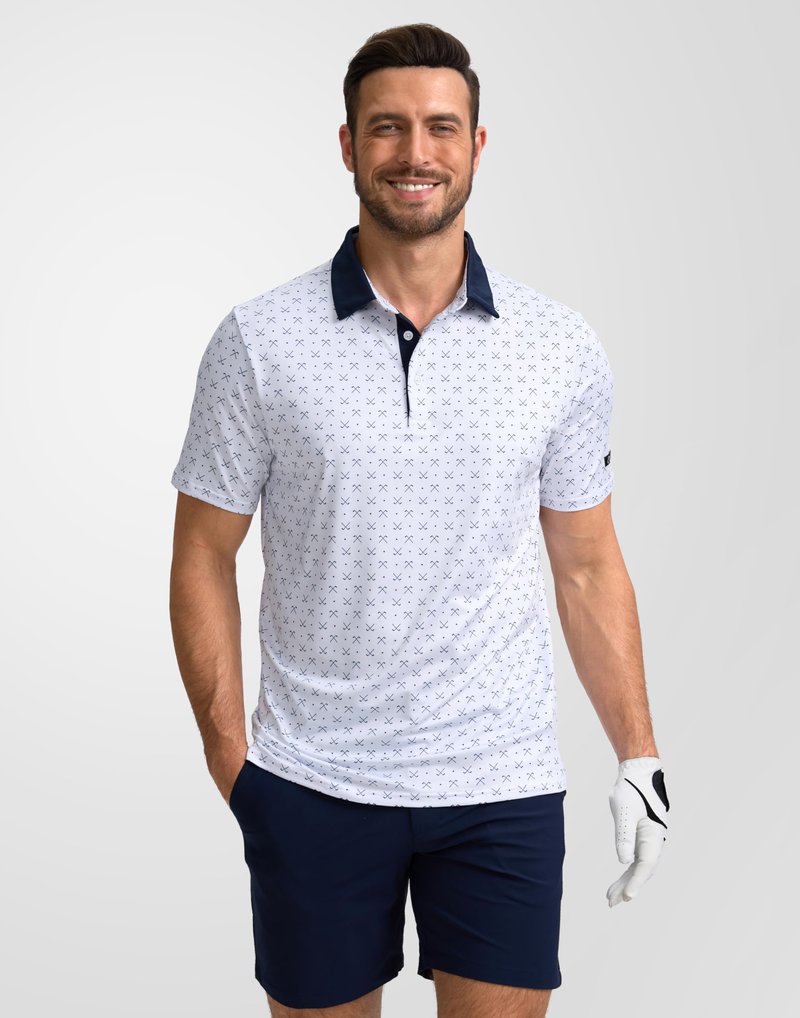 Obla Mens Golf Polo Shirts Short Sleeve Dry Fit Performance Moisture Wicking Casual Print Collared Golf Shirts for Men(White Golf Clubs_XXL)