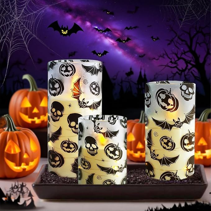 Flickering Flameless Candles Halloween Bat Embedded Star String Lights, Battery Operated Acrylic LED Pillar Candles with 11-Key Remote and Timer for Home Decoration, 3 Pack