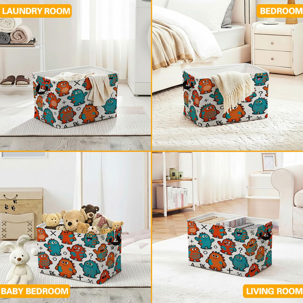 Cartoon Laundry Hamper with Handles,Large 56L Foldable Square Clothes Basket Multi‑Use Blanket Storage Bins for Organizing Books,Toys,Gifts,Room Decoration,Laundry Room,Dorm Nursery