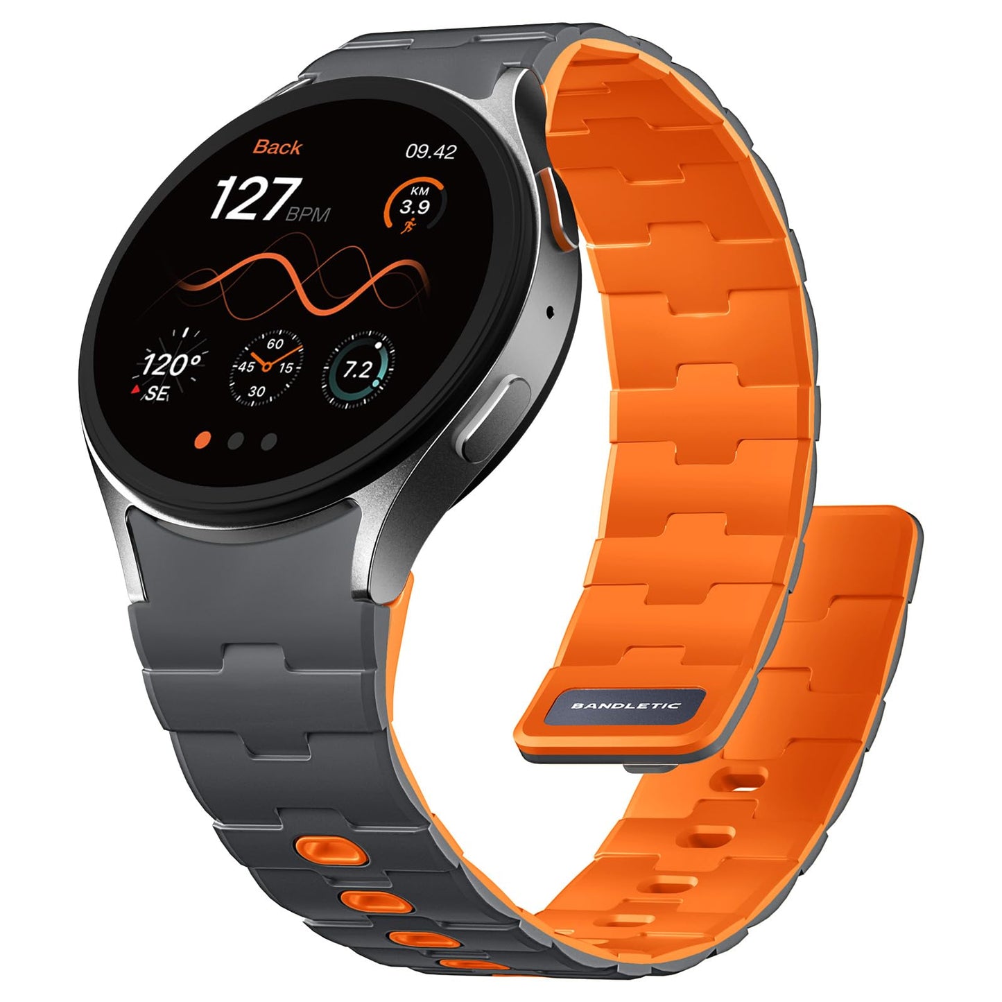 Bandletic 20mm No Gap Magnetic Band for Men Compatible with Samsung Galaxy Watch 7 6 5 4 FE 40mm 44mm/for Galaxy Watch 6 4 Classic 43mm 47mm 42mm 46mm/Watch 5 Pro 45mm,Spacegray-Orange
