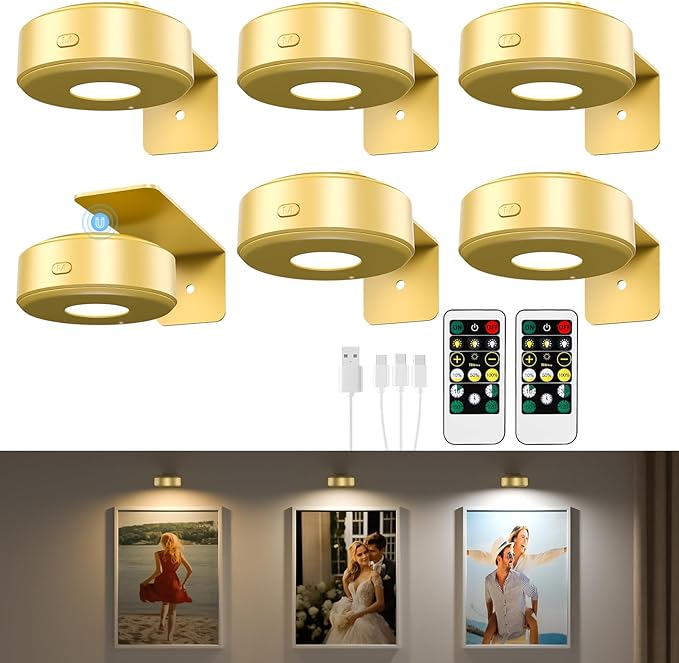 6PCS Picture Lights,3 Colors Paintings Light Rechargeable Battery Wall Light Dimmable and Timer Metal Art Light for Paintings,Display, Wall, Artwork, Gallery (Gold)