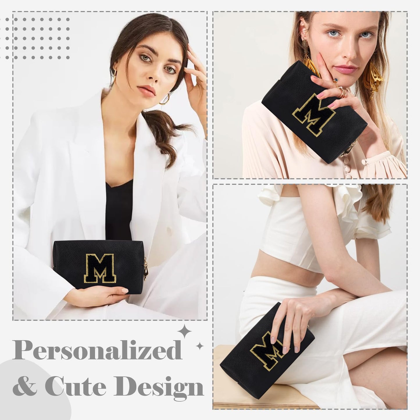 Personalized Initial A-Z Preppy Patch Makeup Bag,Small PU Chenille Letter Cosmetic Bag with Zipper for Teen Girls,Black Cute Toiletry Organizer Bag,Monogram Makeup Case Gift for Women Girls,Letter M