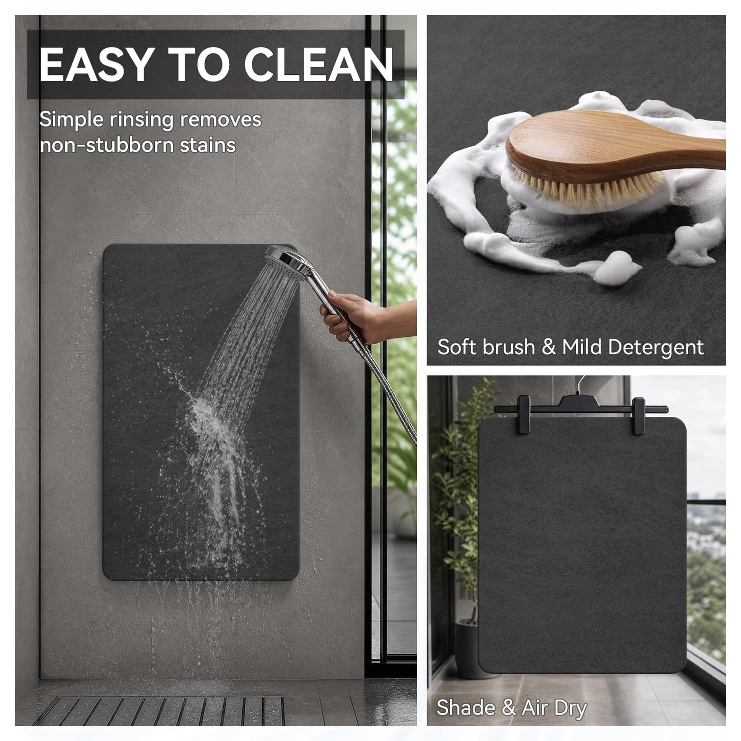 MontVoo -Bath Mat Rug-Rubber Backing Non Slip Quick Dry Absorbent Thin Bathroom Rugs Fit Under Door-Faux Suede Surface Bathroom Floor Mats-Shower Rug for in Front of Bathtub Shower Dark Grey 16"x24"