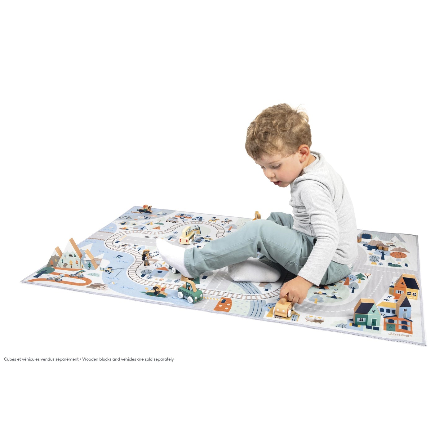 Janod - Children's Car Rug - Winter Mountain Theme - Soft & Non-Slip - Sports & Valley Pattern - Play Rug for Girls & Boys' Bedrooms - 120 x 78cm - Hand Washable - from 2 Years Old - J05940