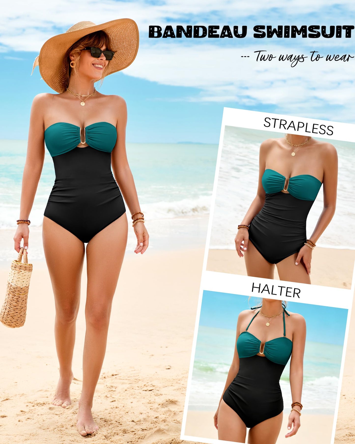 XUNYU One Piece Swimsuit Women Tummy Control Slimming Bathing Suit Strapless Bandeau Shapewear Swim Suits 2026 Swimwear Green Black