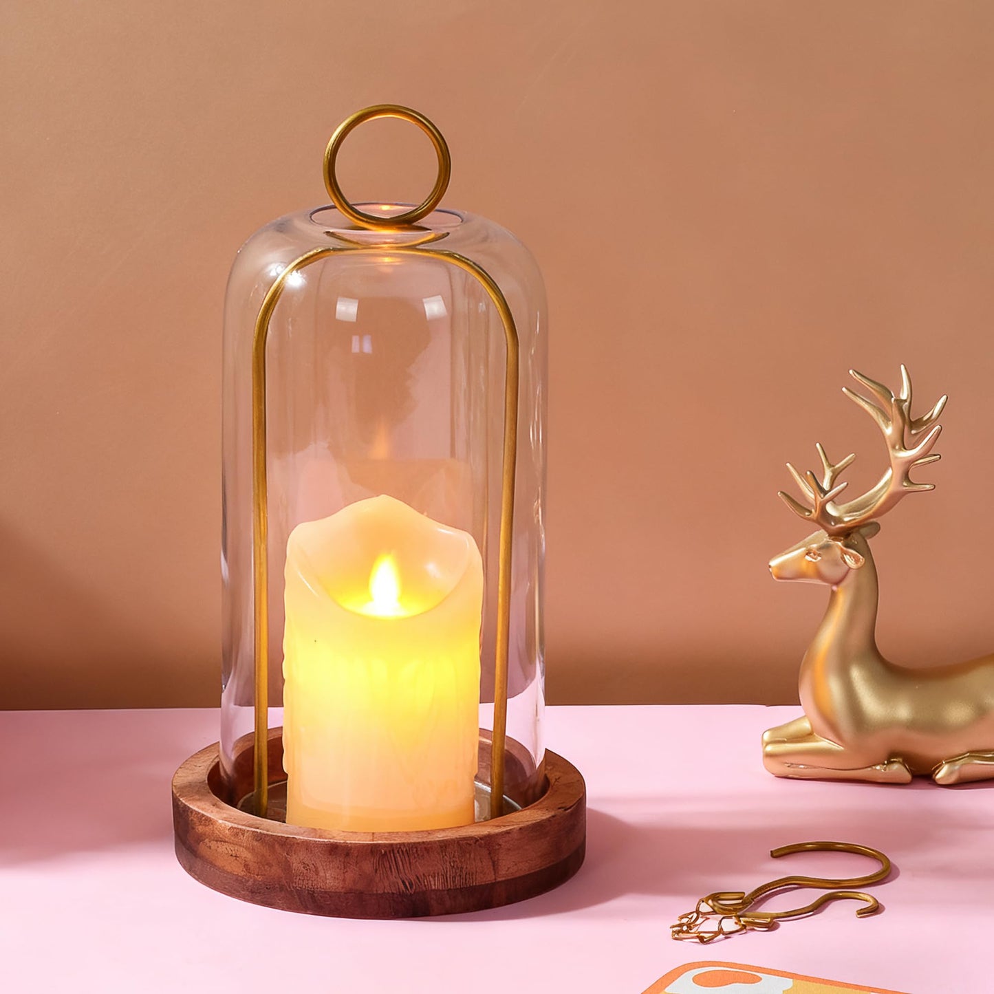 12" High Versatile Vintage Brass Metal Candle Holder with Handmade Sturdy Glass Dome and Natural Wooden Base for Pillar Candle & Plants, Industrial, Farmhouse, Shabby Chic, Display Cloche Bell Jars