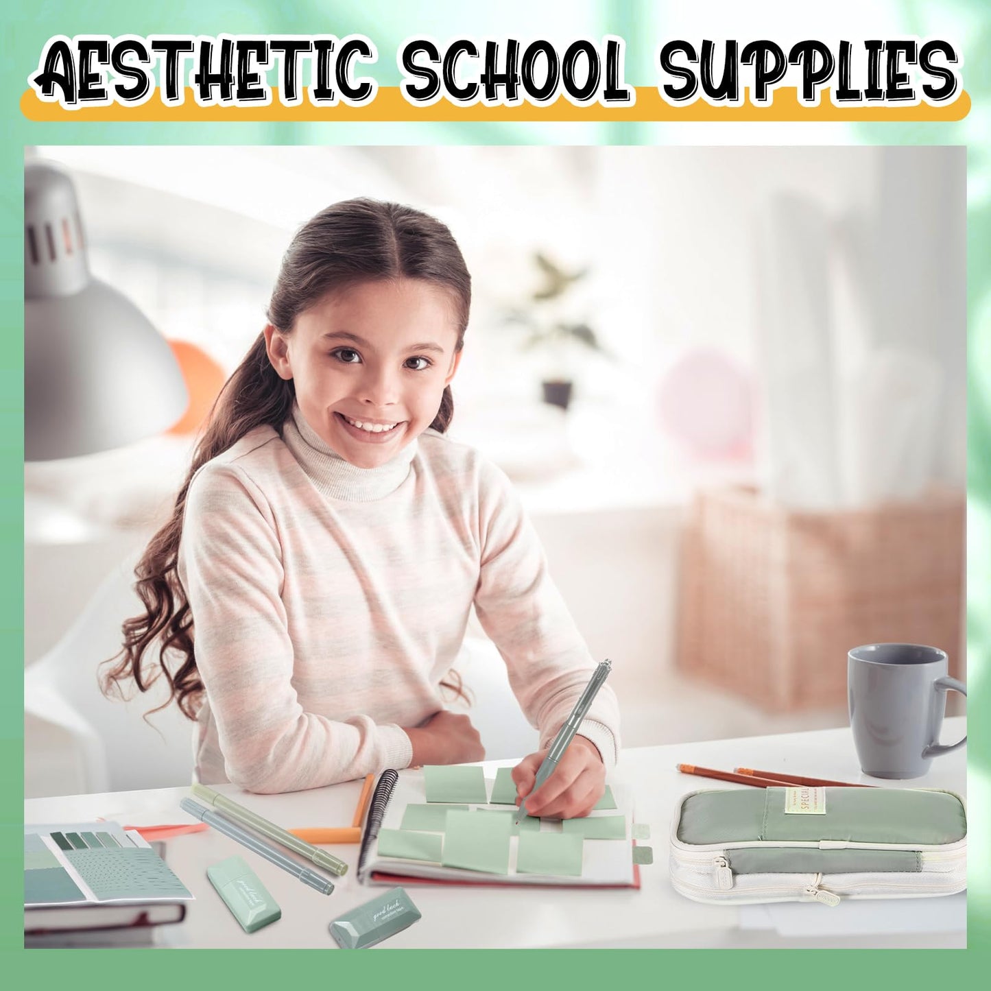 Janlaugh 38 Pcs Aesthetic College School Supplies with Pen Case Sticky Notes Gel Pens Highlighters Correction Tapes Back to School Stationery Kit(Green Color,Classic)