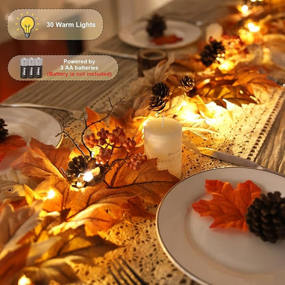 6 FT Fall Garland with Lights Timer Function Fall Leaves Garland with Berries Pine Cones Realistic Autumn Automatic ON/Off Timer Fall Decorations for Home Mantle Fireplace Porch Table