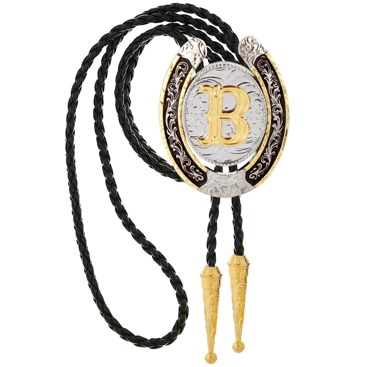 HUABOLA CALYN Gold Bolo Tie for Men- Golden Initial Letter ABCDMJR to Z Native American Western Cowboy Bolo Tie Leather Necklace Necktie Accessories for Women (B)