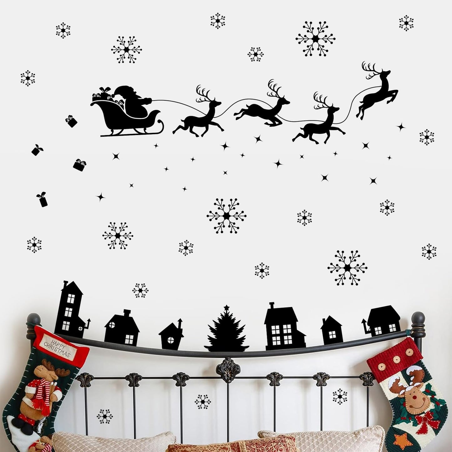 Merry Christmas Wall Decal Black Santa Reindeer Snowflake Window Clings Wall Stickers Removable Xmas Vinyl Wall Decor for Holiday Party Bedroom Office Living Room Home Decoration