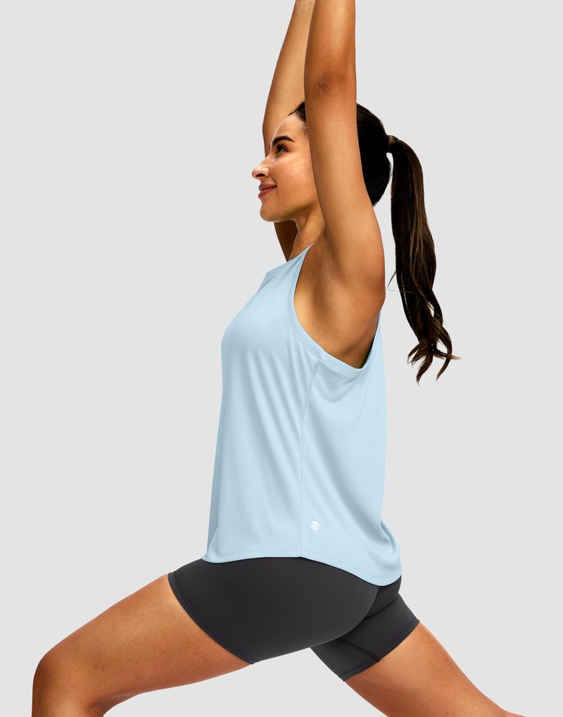 Women's Workout Tops Racerback Athletic Tank Tops Sleeveless Loose Fit Yoga Running Gym Shirts for Women(Blue Linen,L)