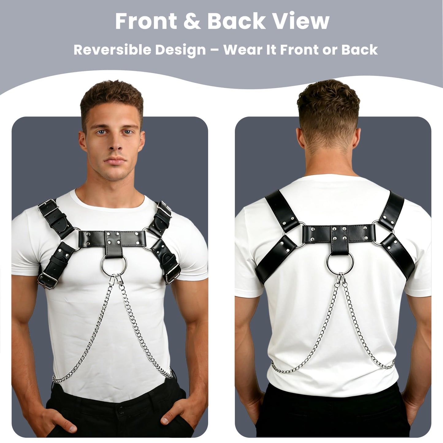 Brycarely Mens PU Leather Chest Harness Costume Cosplay Top with Chains, Adjustable Body Harness Shoulder Straps Male Punk Fashion Steatement Rave Outfit for Music Festival Party Halloween Cosplay