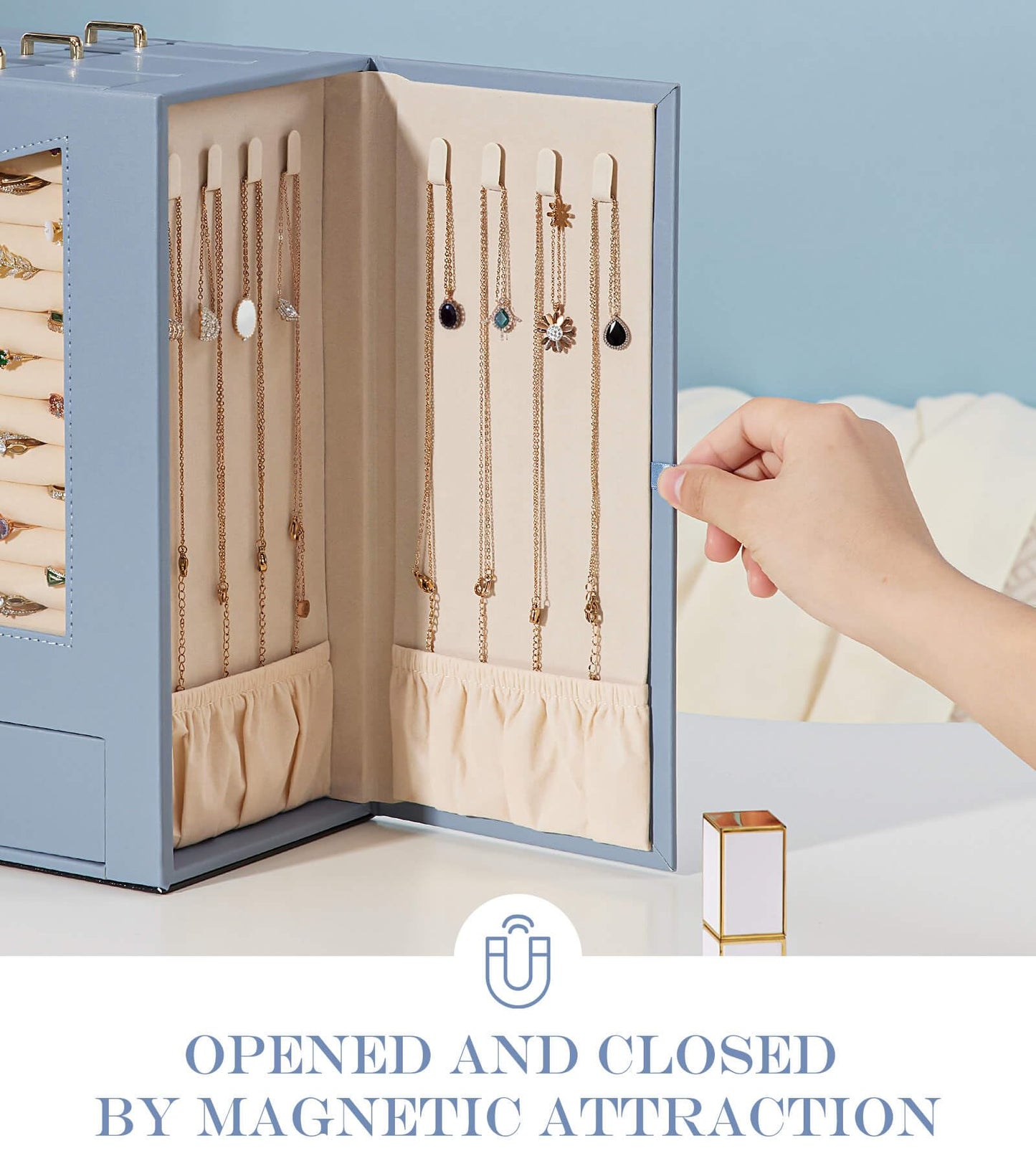 Homde Jewelry Organizer with Transparent Window Necklace Hooks Gift for Women Jewelry Box Display Case for Necklaces Rings Earrings Bracelets and Other Accessories (Grey Blue)