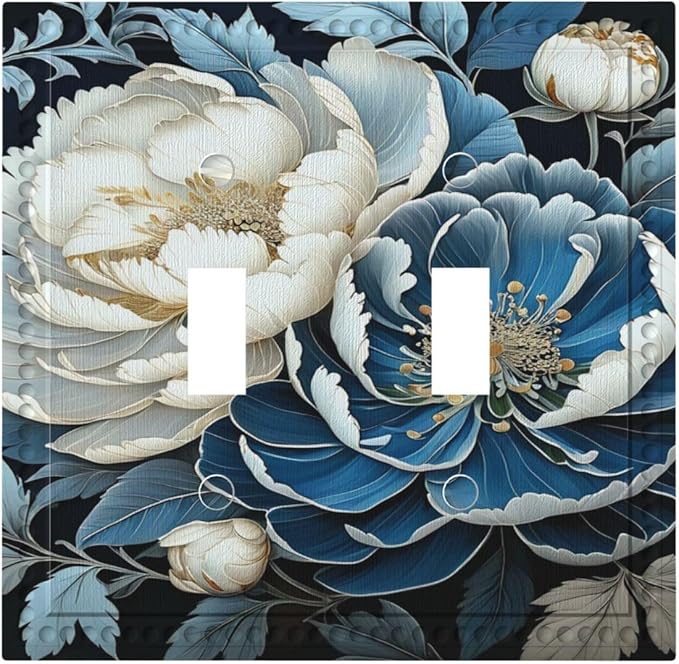 White Blue Flower Peonies Light Switch Covers Double Toggle 2 Gang Wall Plate Dual Decorative Switchplate Electrical Faceplate for Farmhouse Living Room Decor