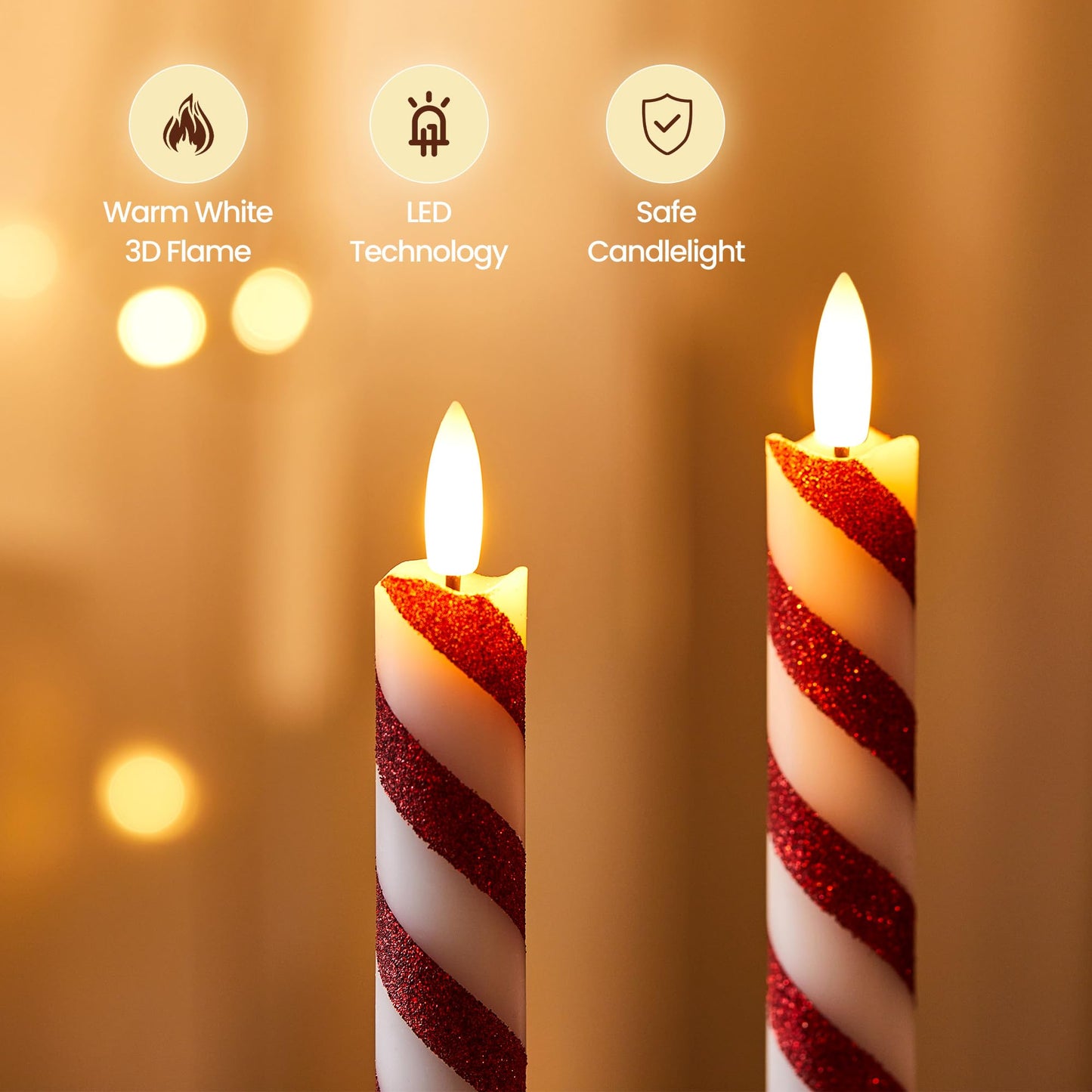 Velsyn 6 Pcs Christmas Flameless Taper Candles with Remote and Timer, 10 Inch Glitter Candy Cane Candles Battery Operated Christmas Candlesticks with LED Flickering Flame for Xmas Candy Cane Decor
