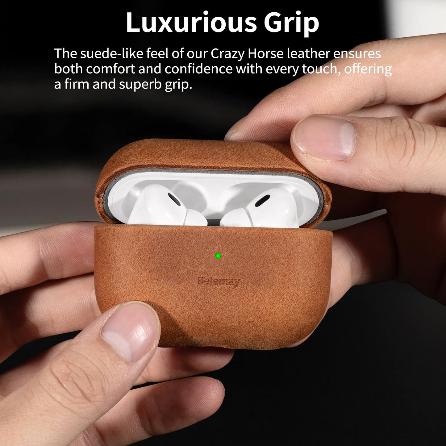 Belemay for AirPods Pro (2nd Generation) Case – Premium Crazy Horse Leather - Rich Patina- Secure Grip - Compatible with MagSafe and Wireless Charging - Compatible with Airpods Pro 2 Case - Tan