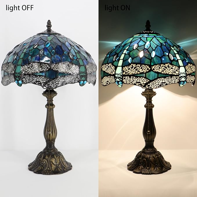 Tiffany Lamp Stained Glass Table Lamp Bedside Reading Light W12H19 Inches (Sea Blue Dragonfly Style)