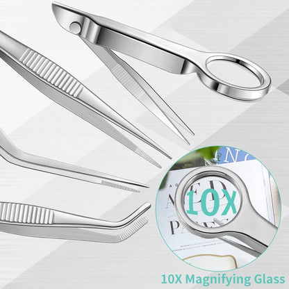 8 Pcs Tweezers Set Stainless Steel Tweezers Forceps with Magnifying Glass Straight Fine Point Forceps Curved Round Flat Tip Tweezers 9 Holes Straight Curved Tip Tweezers for Beauty Craft (Simple)