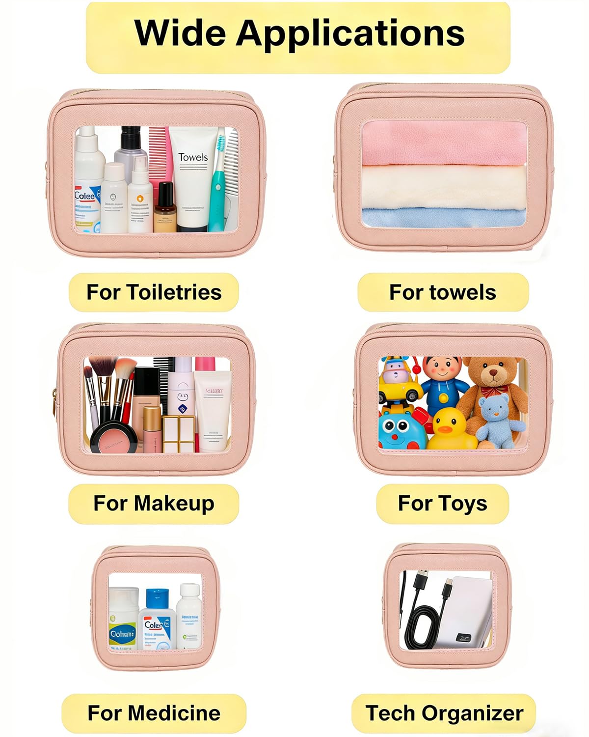 3Pcs Clear Makeup Bag Set for Women, Waterproof Travel Clear Makeup Bag Small Toiletry Bag Skincare Pouch Portable Travel Cosmetic Bag with Zipper Compact Car Organizer Bag for Essentials (Pink Set)