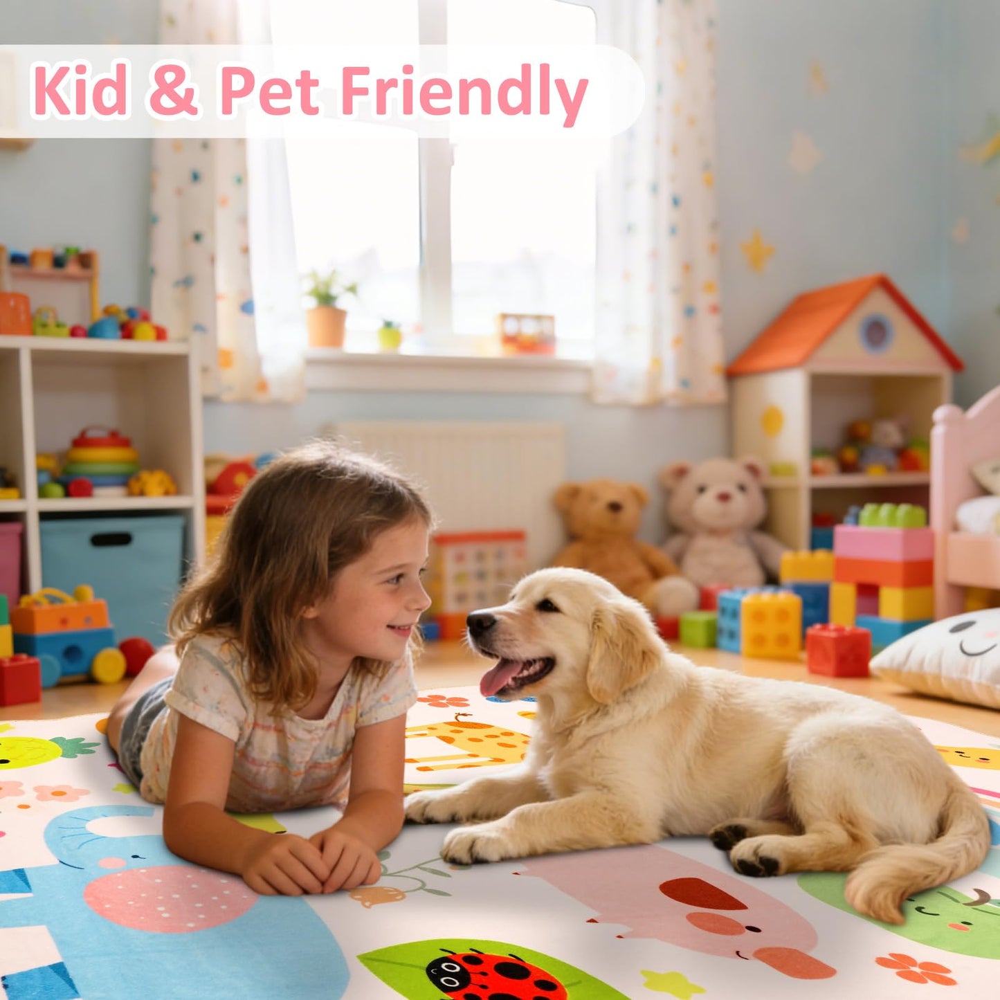Instellar 4x6 Washable Kids Rug – Cute Animal Design, Non-Slip Wave Low Pile Carpet,Soft & Easy Care for Living Room Nursery Playroom Bedroom for Boys & Girls,Pink