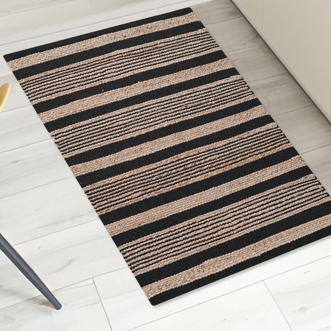 Threadvista Hand Woven Area Rug 2x3 Feet - Rustic Farmhouse Boho Accent Rug for Living Room Bedroom Kitchen Entryway Floor Mats Non Slip - Ideal for High Traffic Areas Jute Cotton Rug Natural Black