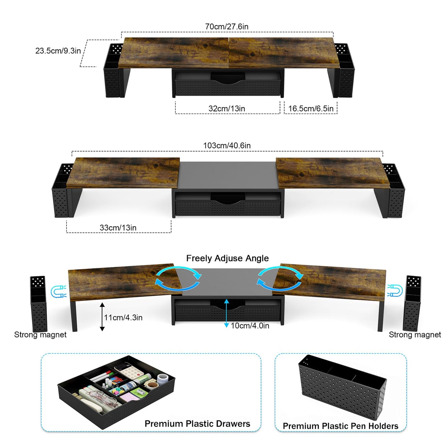 Spacrea Metal Desk Organizers and Accessories, Dual Monitor Stand Riser with Drawer and 2 Pen Holders, Desk Accessories & Workspace Desktop Organizers for Office Supplies (Wood)