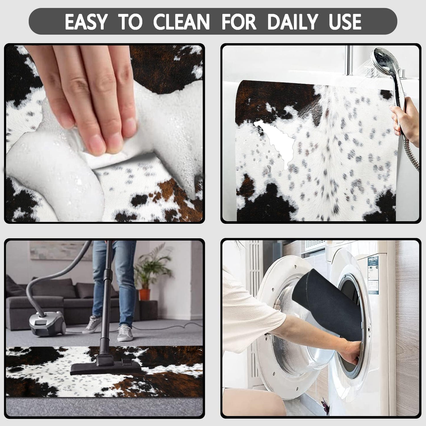 MUGINYU Cowhide Cow Print Bath Mat,Long Western Bathroom Rug for Farmhouse Cowboy Decor,Quick Dry Absorbent Non-Slip Narrow Shower Rug Runner Mats for Bathroom Floor with Rubber Backing