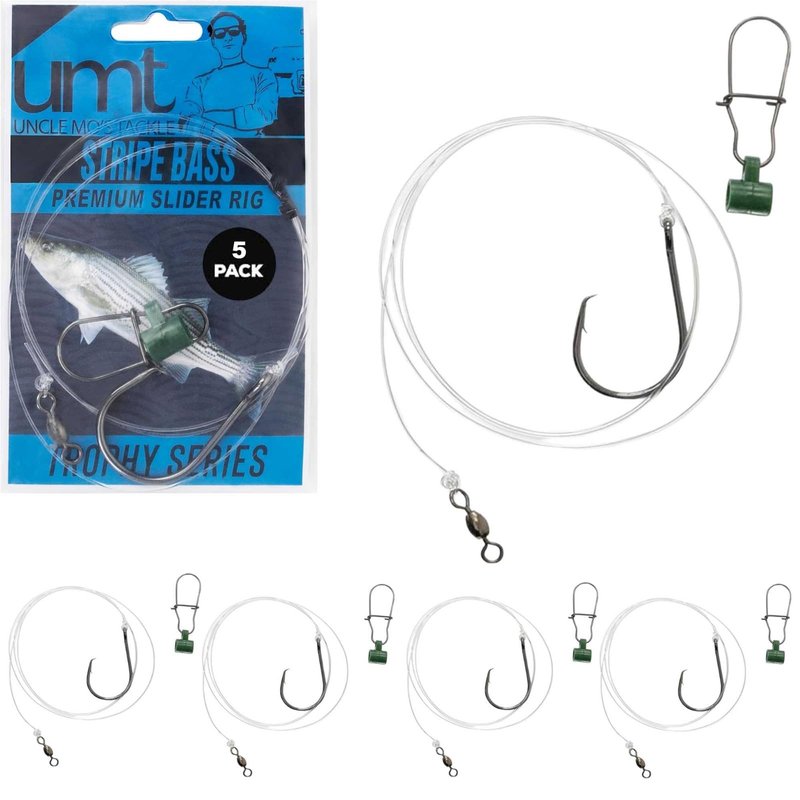 UMT 5 Pack Slider Fishing Rigs 6/0 Inline Circle Hook for Striped Bass - Superior Saltwater Fishing Gear - Robust Slider, 4ft 60lb Monofilament Leader for Surf, Beach & Boat Fishing