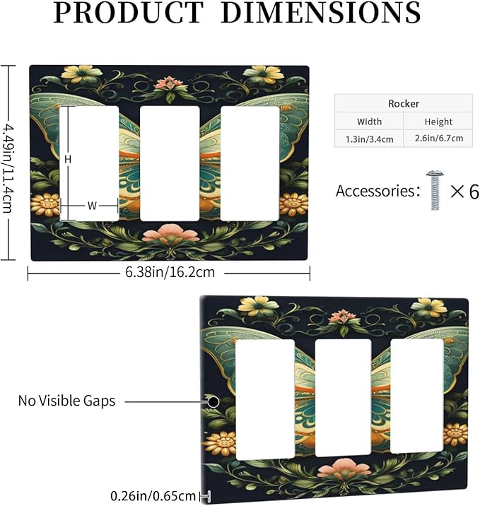 Butterfly Ornate with Flower 3 Gang Rocker Triple Outlet Wall Plate Decorative Switchplate Cover Faceplate GFCI Light Switch Covers for Farmhouse Living Decor