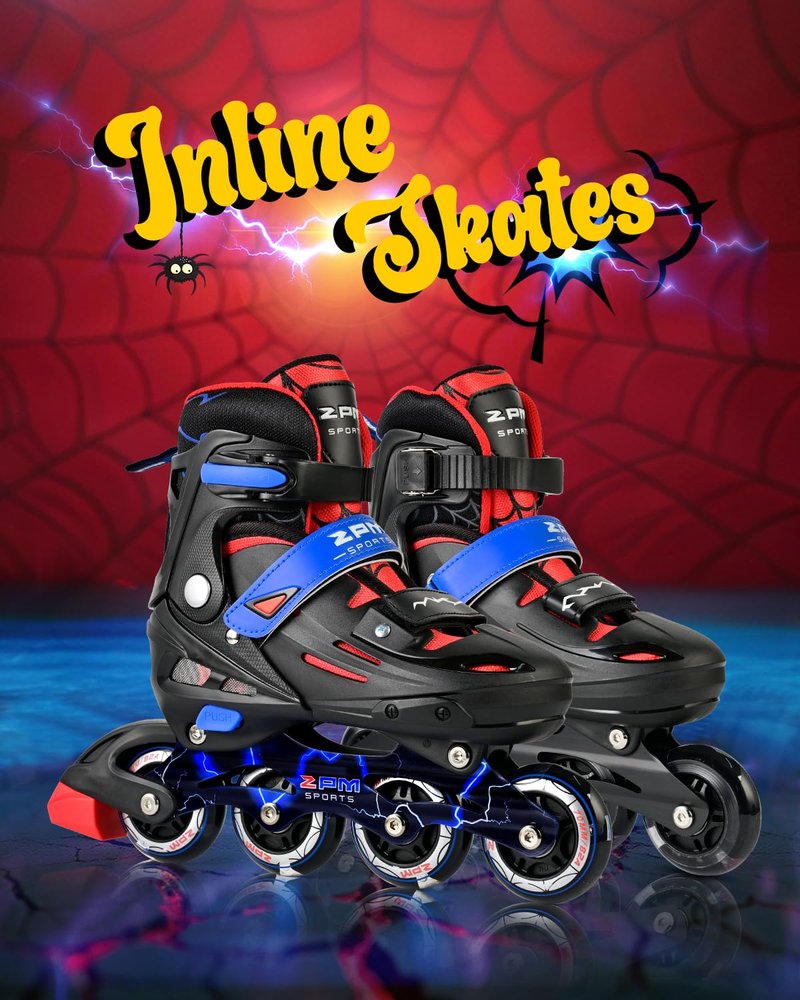 2PM SPORTS Adjustable Inline Skates Kids Boys Ages 5-8 8-12 4-6 6-12 10-12 with Light Up Wheels, Roller Skates Blades for Boys Beginner Youth Indoor Outdoor Size 11C 1 2 3 4 5 6 7 Spider Black