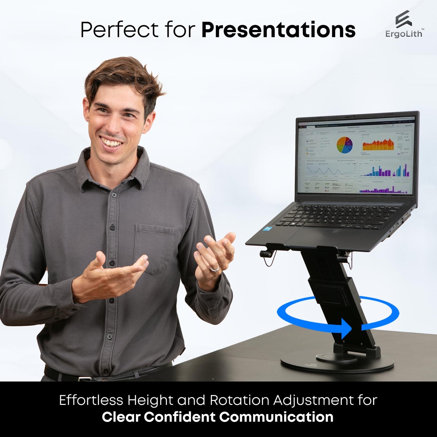 ErgoLith 3-in-1 Adjustable Laptop Stand, Book Stand, and Phone Holder - 360° Rotating Display for All Laptops - 2–21" Height for Ergonomics - Office Desk Accessories - Stylish - Patented - Sky Black