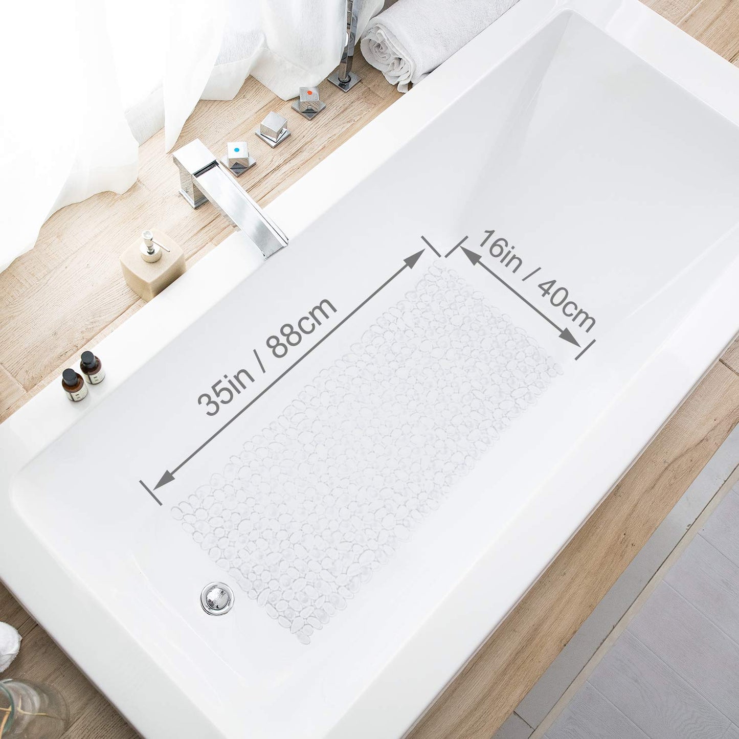 TEESHLY Bath Tub and Shower Mats, Non-Slip Pebble 35 x 16 Inches Machine Washable Bathtub Mat with Drain Holes, Suction Cups for Bathroom (Clear)