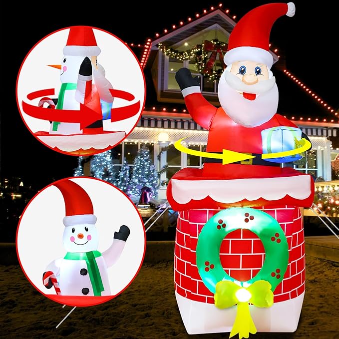 8ft Double-Sided Rotating Inflatable Snowman and Santa Claus Yard Decorations, Christmas Blow Up Decor for Indoor and Outdoor