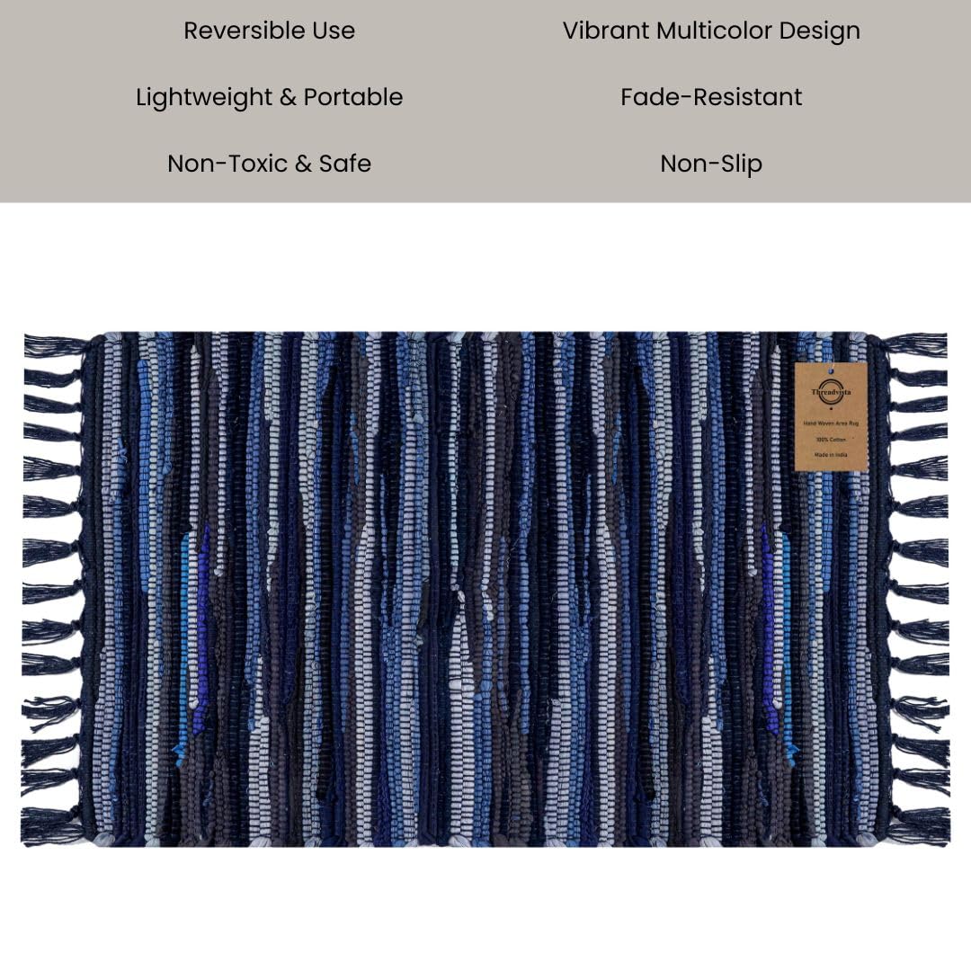 Threadvista Hand Woven Chindi Rug Cotton - Rustic Boho Accent Throw Rug for Living Room Bedroom Kitchen Entryway Floor Mats - Ideal for High Traffic Areas 20x32 inch Reversible Area Rug Blue Multi