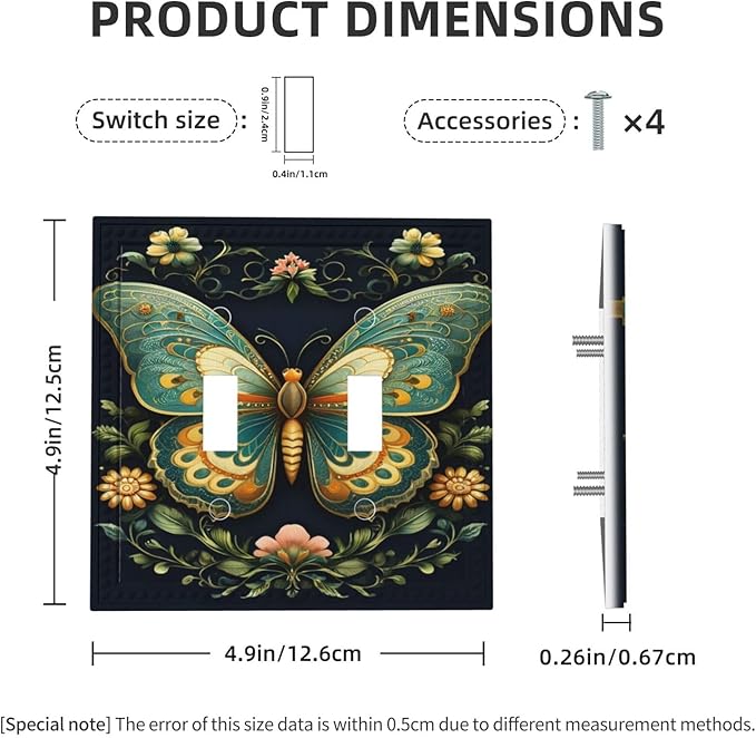Butterfly Ornate with Flower Light Switch Covers Double Toggle 2 Gang Wall Plate Dual Decorative Switchplate Electrical Faceplate for Farmhouse Decor