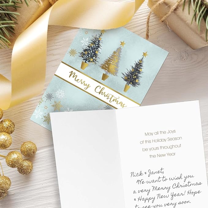 Masterpiece Christmas Tree Trio Gold Foil Holiday Cards / 16 Boxed Winter Holiday Cards With Gold Foil Lined Envelopes / 5 5/8" x 7 7/8" Folded Seasonal Greeting Cards With Inside Verse