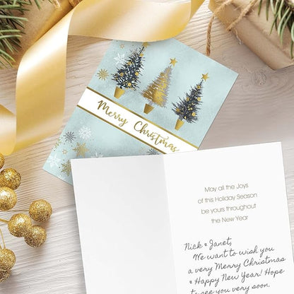 Masterpiece Christmas Tree Trio Gold Foil Holiday Cards / 16 Boxed Winter Holiday Cards With Gold Foil Lined Envelopes / 5 5/8" x 7 7/8" Folded Seasonal Greeting Cards With Inside Verse