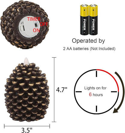 LED Flameless Pinecone Candles with 6H Timer, Battery Operated Waxy Pillar Candles, 2 Pack Christmas Candles Flickering Acorn Decor Woodsy Home Décor Christmas Gifts(Brown, 3.5 x 4.7 Inch)